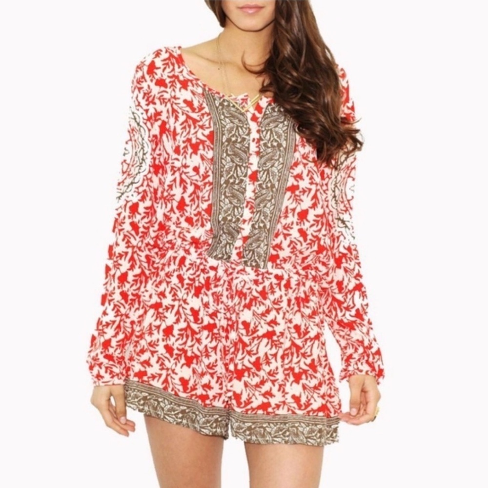 Free People Red and Brown Floral Romper